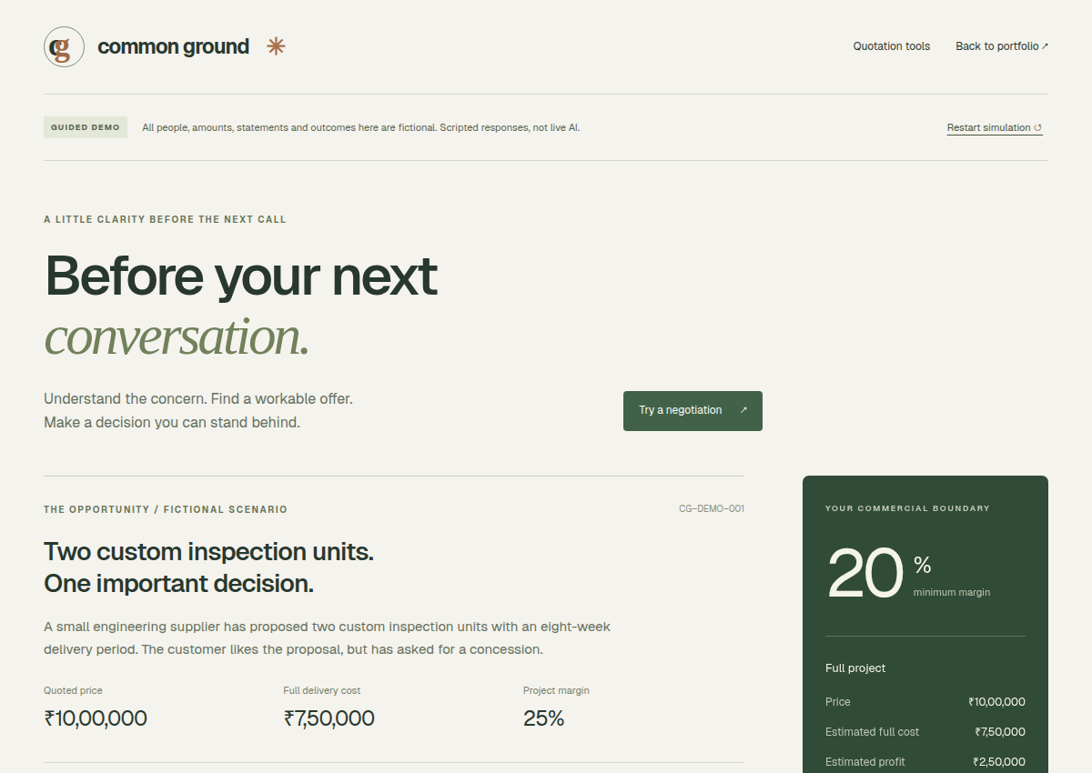 Common Ground negotiation demo with customer concerns and commercial choices